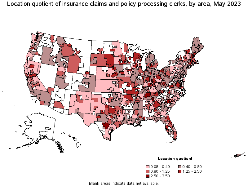 Map of location quotient of insurance claims and policy processing clerks by area, May 2023