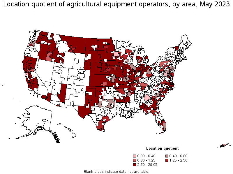 Map of location quotient of agricultural equipment operators by area, May 2023