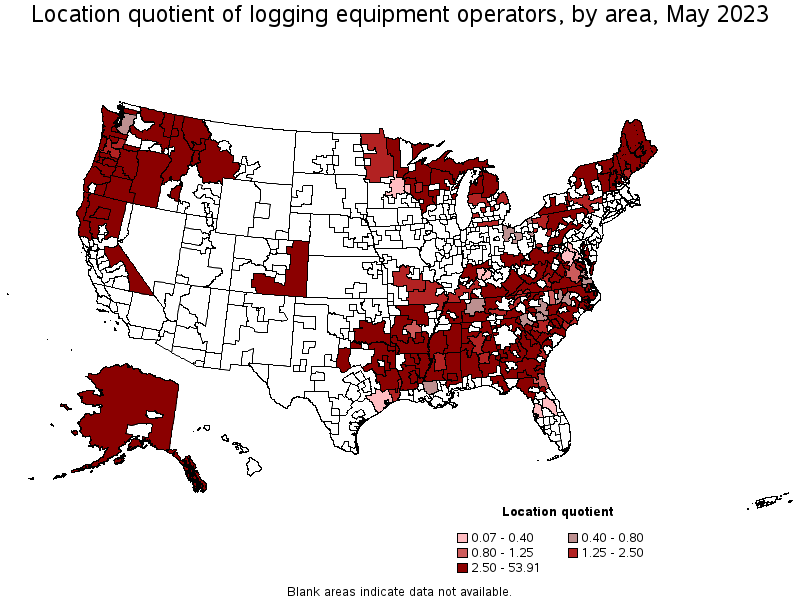 Map of location quotient of logging equipment operators by area, May 2023