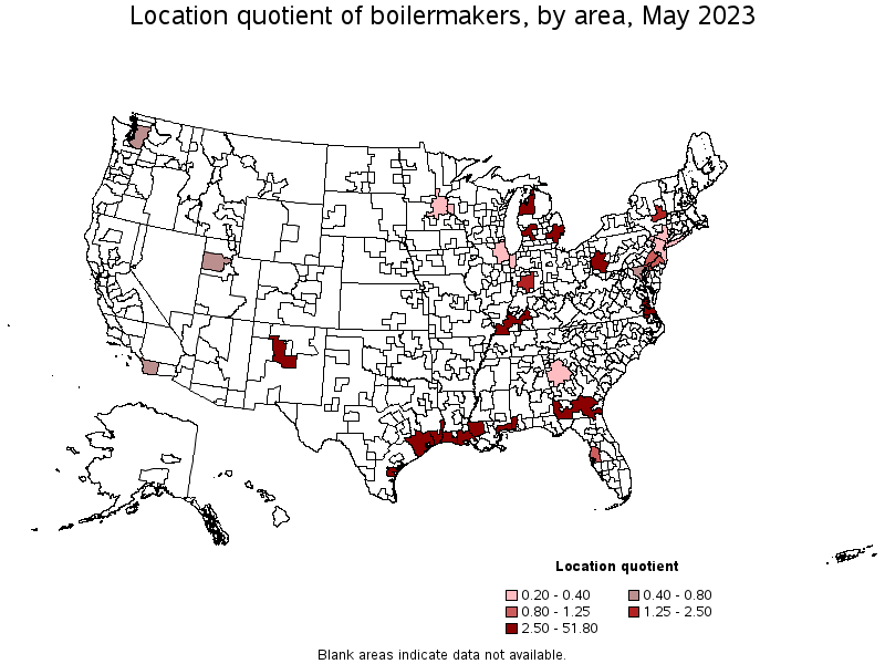 Map of location quotient of boilermakers by area, May 2023