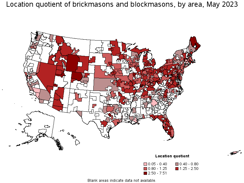 Map of location quotient of brickmasons and blockmasons by area, May 2023