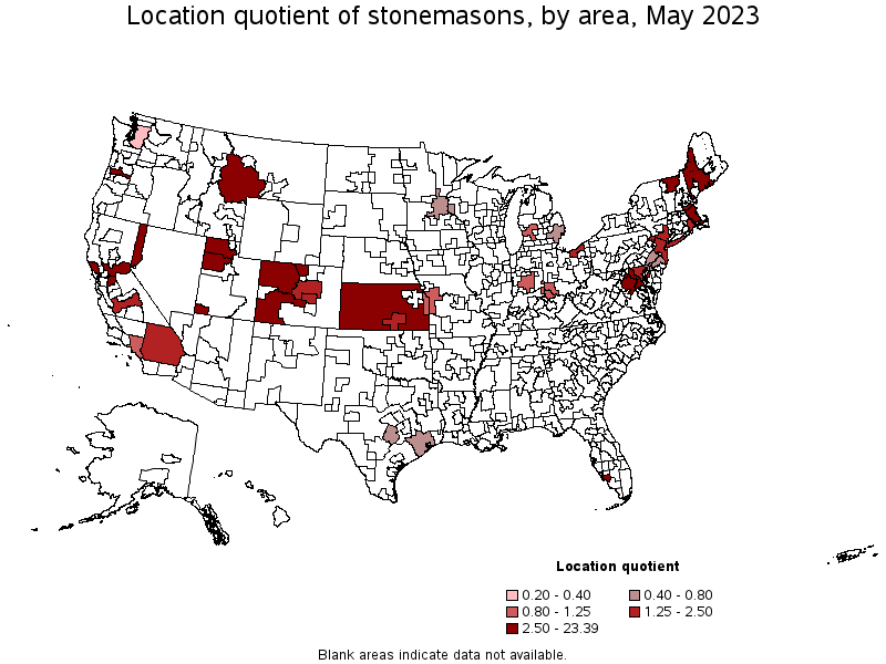 Map of location quotient of stonemasons by area, May 2023