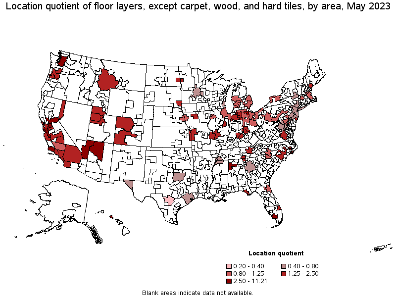 Map of location quotient of floor layers, except carpet, wood, and hard tiles by area, May 2023
