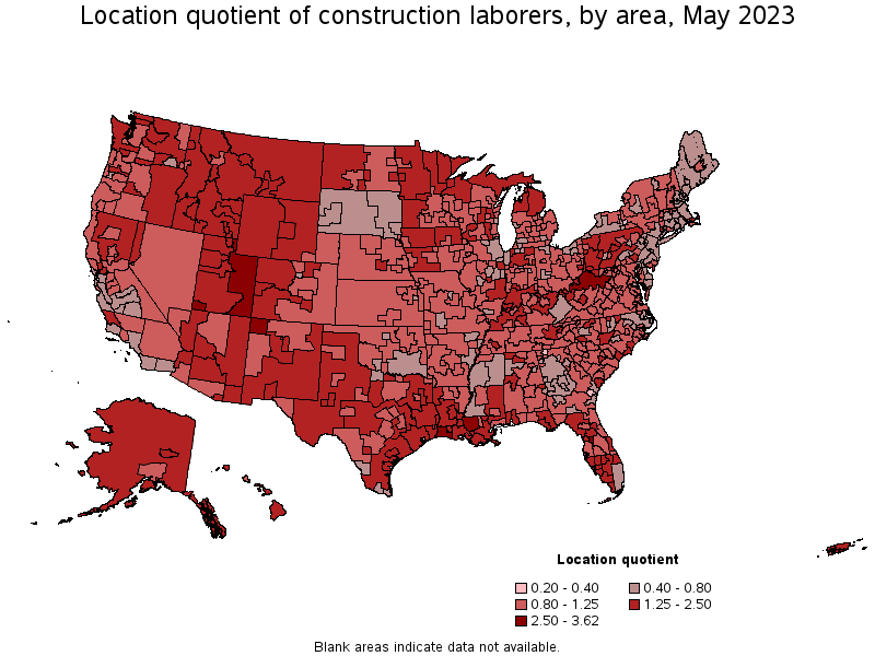 Map of location quotient of construction laborers by area, May 2023