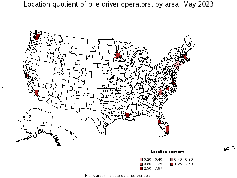 Map of location quotient of pile driver operators by area, May 2023