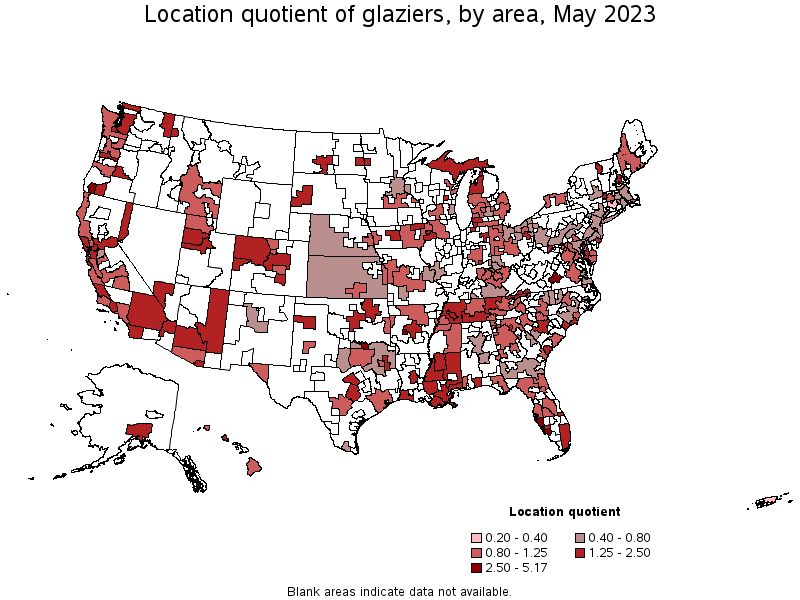 Map of location quotient of glaziers by area, May 2023