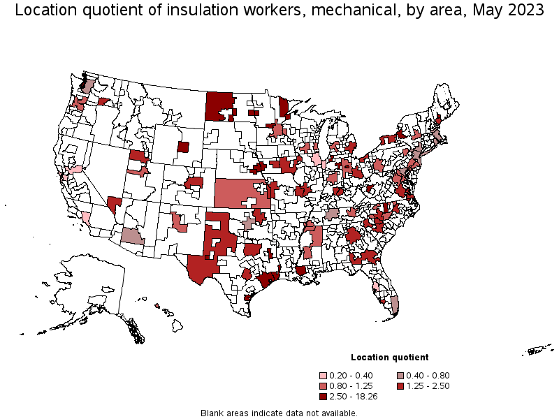 Map of location quotient of insulation workers, mechanical by area, May 2023