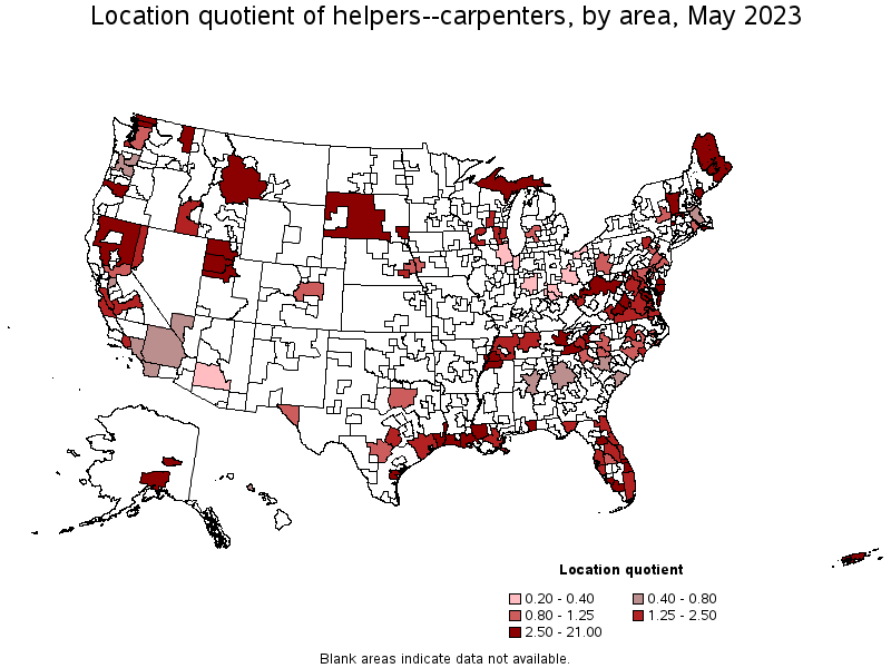 Map of location quotient of helpers--carpenters by area, May 2023