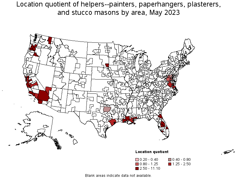 Map of location quotient of helpers--painters, paperhangers, plasterers, and stucco masons by area, May 2023