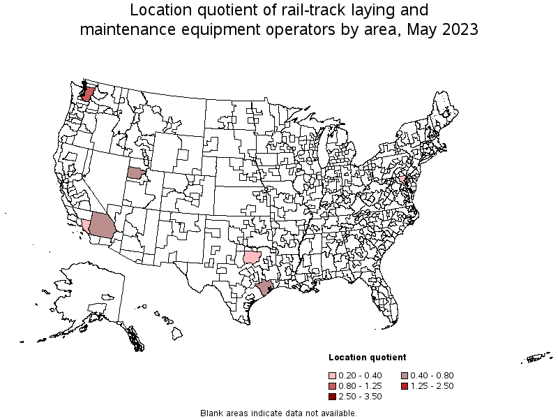 Map of location quotient of rail-track laying and maintenance equipment operators by area, May 2023