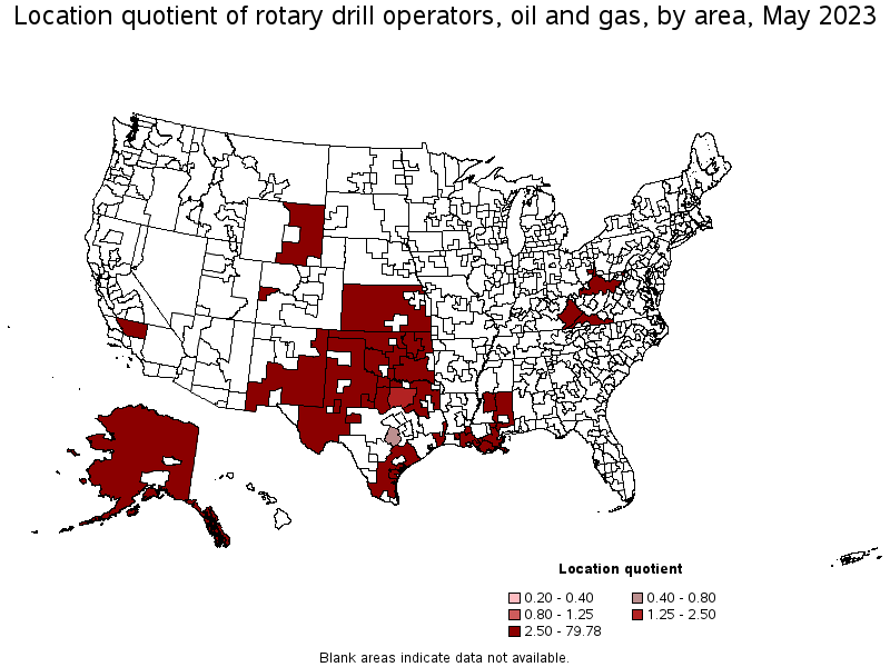 Map of location quotient of rotary drill operators, oil and gas by area, May 2023