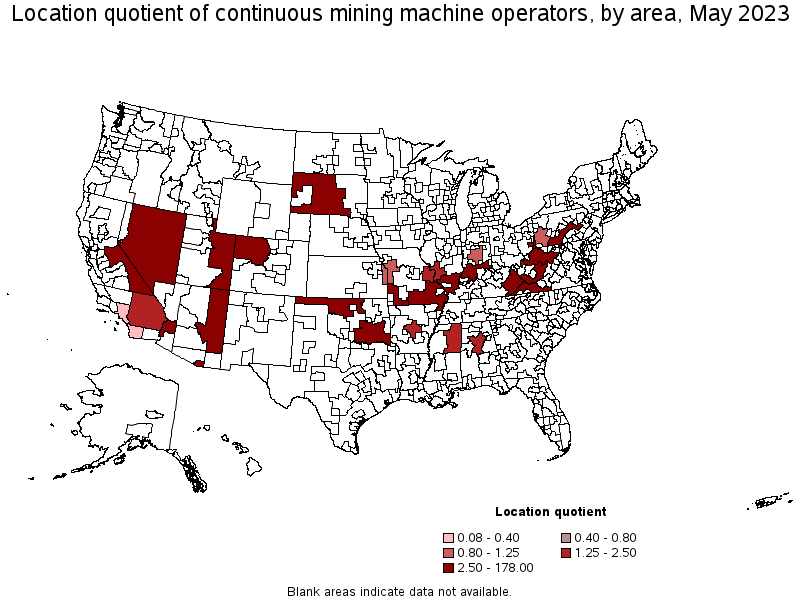 Map of location quotient of continuous mining machine operators by area, May 2023