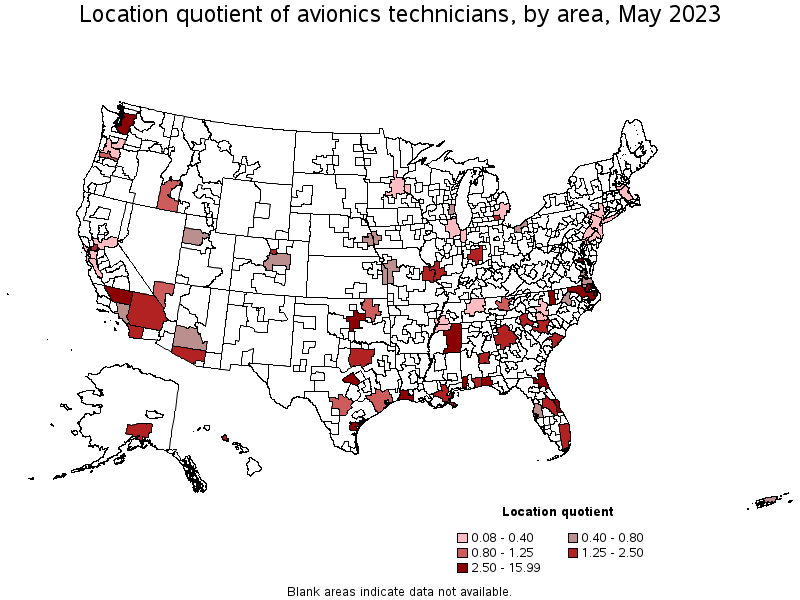 Map of location quotient of avionics technicians by area, May 2023
