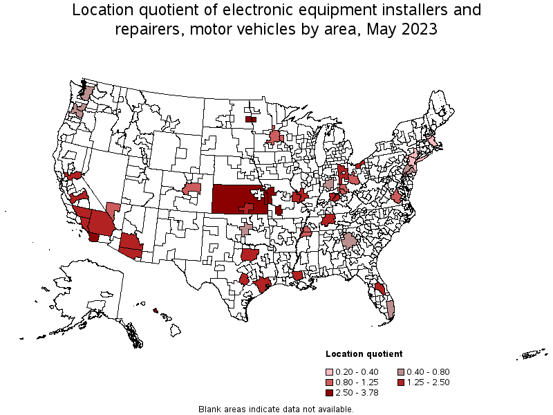 Map of location quotient of electronic equipment installers and repairers, motor vehicles by area, May 2023