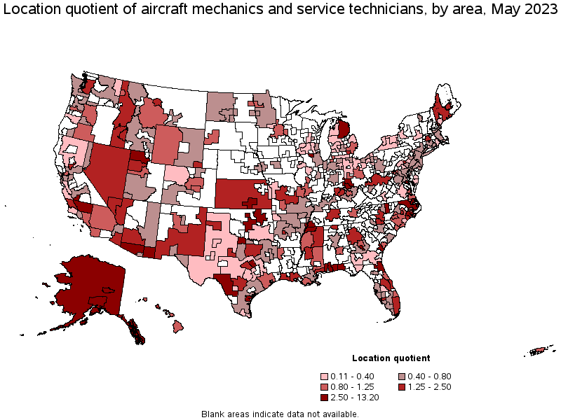 Map of location quotient of aircraft mechanics and service technicians by area, May 2023