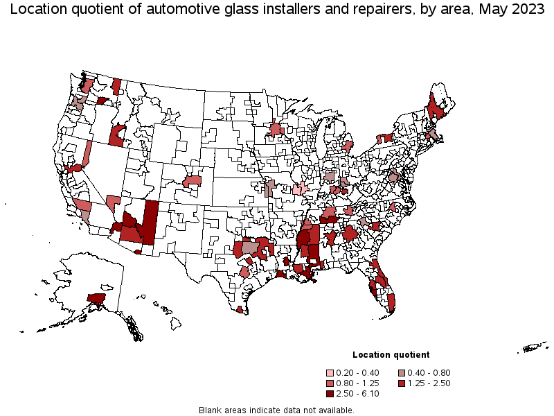 Map of location quotient of automotive glass installers and repairers by area, May 2023
