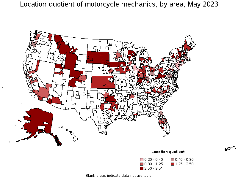 Map of location quotient of motorcycle mechanics by area, May 2023