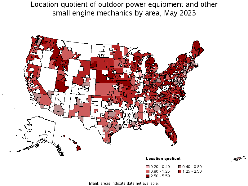 Map of location quotient of outdoor power equipment and other small engine mechanics by area, May 2023