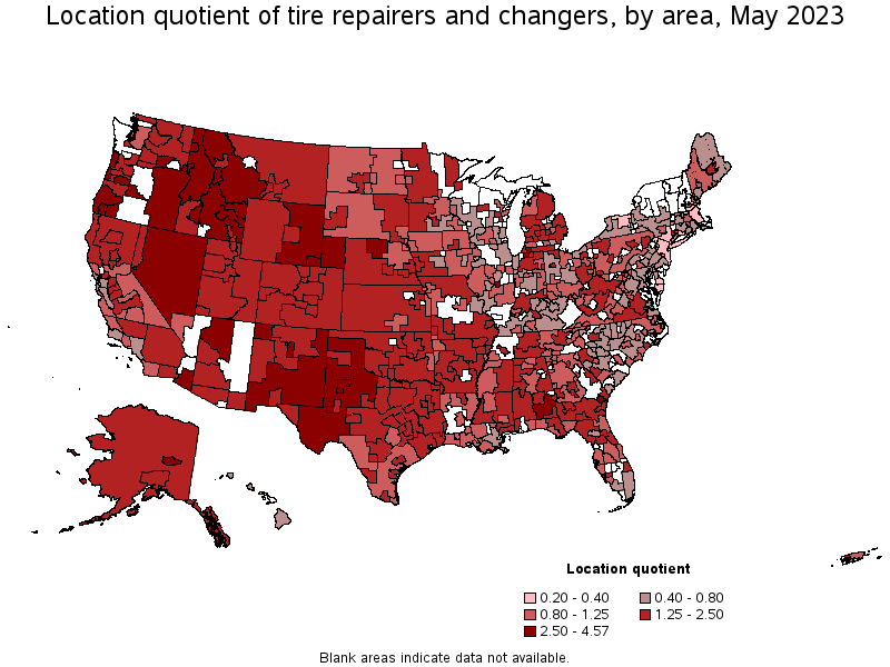Map of location quotient of tire repairers and changers by area, May 2023