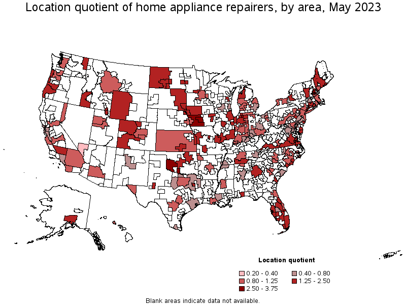 Map of location quotient of home appliance repairers by area, May 2023