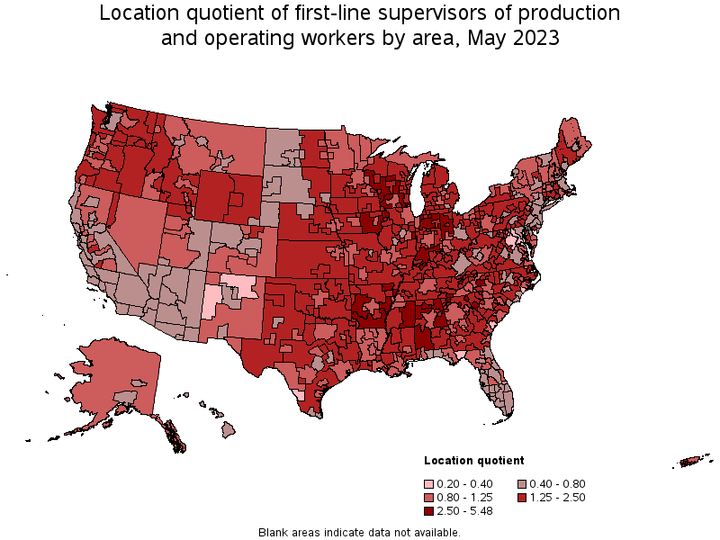 Map of location quotient of first-line supervisors of production and operating workers by area, May 2023
