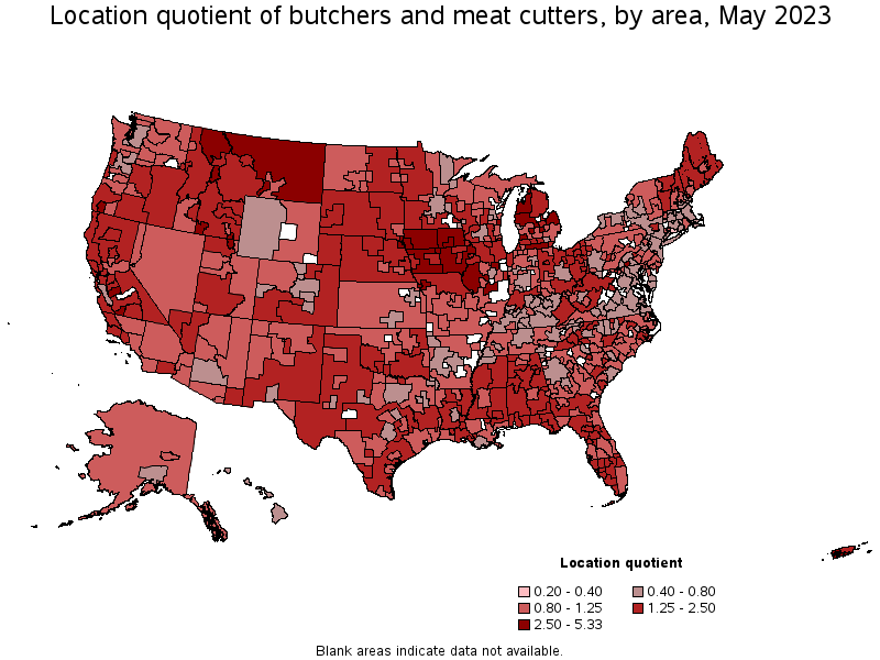 Map of location quotient of butchers and meat cutters by area, May 2023