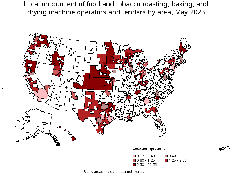 Map of location quotient of food and tobacco roasting, baking, and drying machine operators and tenders by area, May 2023