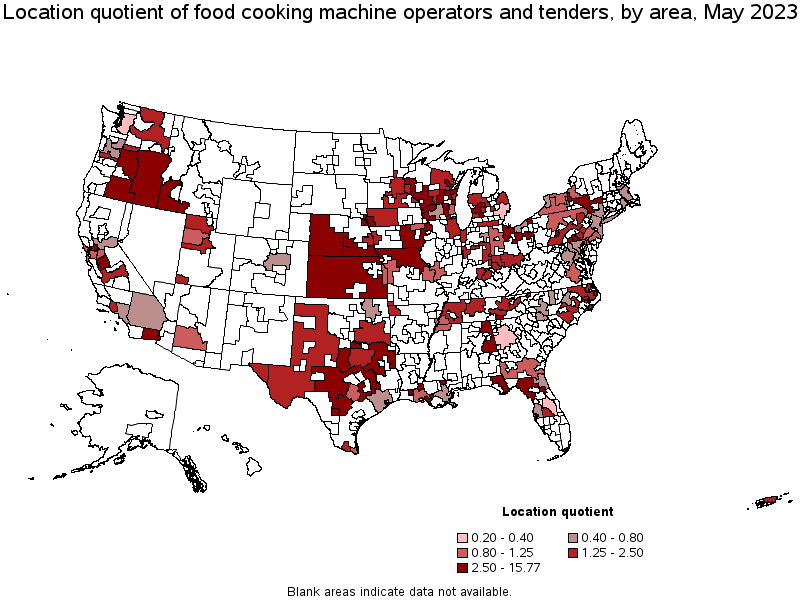 Map of location quotient of food cooking machine operators and tenders by area, May 2023