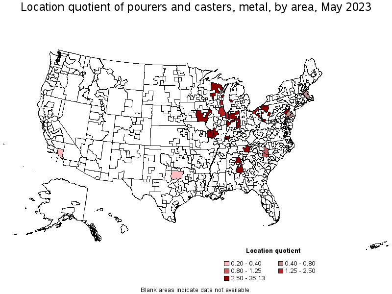 Map of location quotient of pourers and casters, metal by area, May 2023