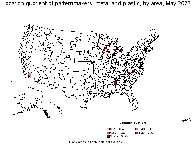 Map of location quotient of patternmakers, metal and plastic by area, May 2023