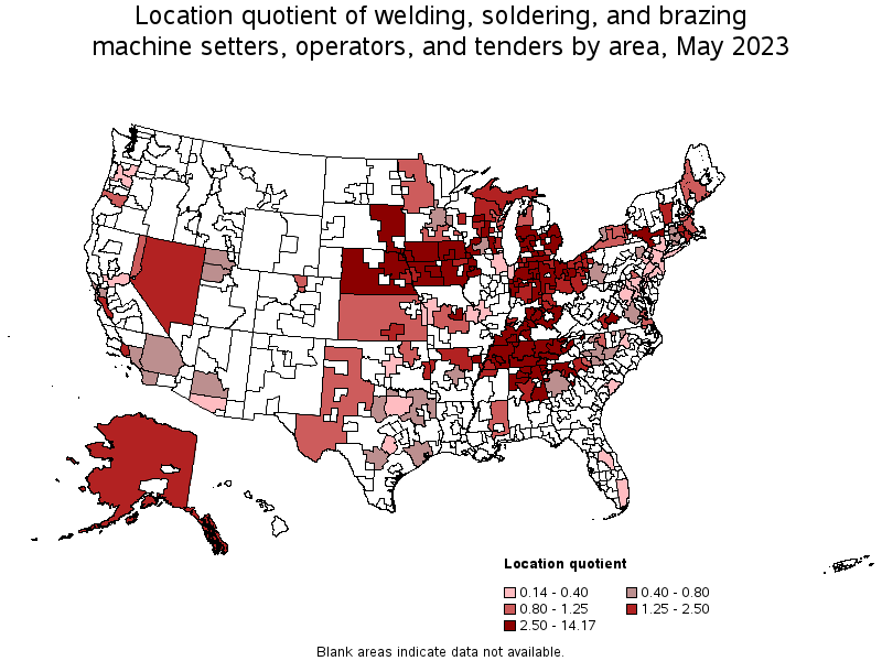 Map of location quotient of welding, soldering, and brazing machine setters, operators, and tenders by area, May 2023