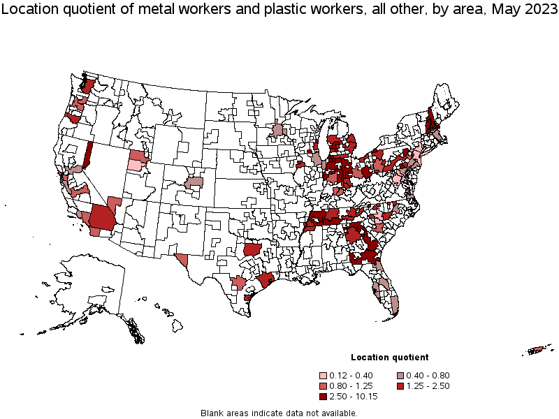 Map of location quotient of metal workers and plastic workers, all other by area, May 2023