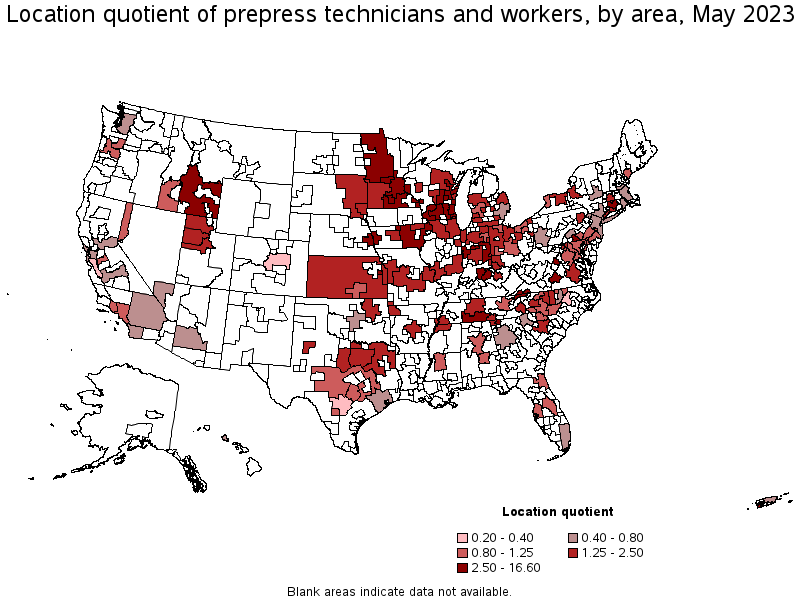 Map of location quotient of prepress technicians and workers by area, May 2023