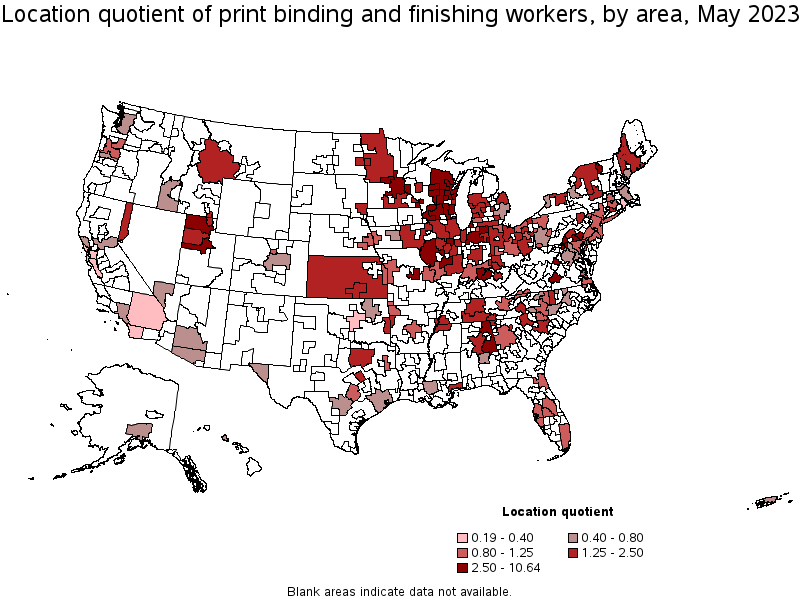 Map of location quotient of print binding and finishing workers by area, May 2023