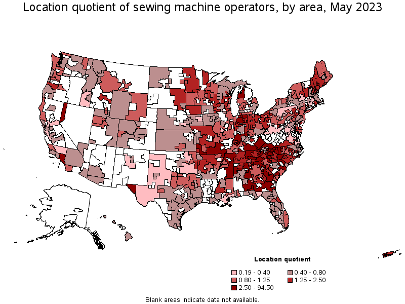 Map of location quotient of sewing machine operators by area, May 2023