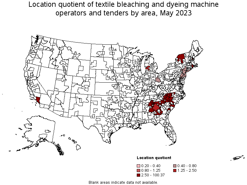 Map of location quotient of textile bleaching and dyeing machine operators and tenders by area, May 2023