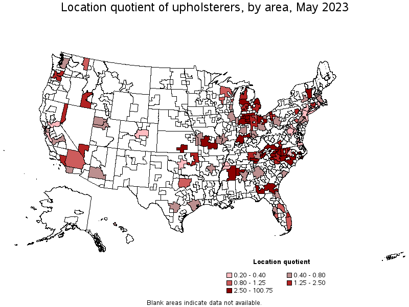 Map of location quotient of upholsterers by area, May 2023