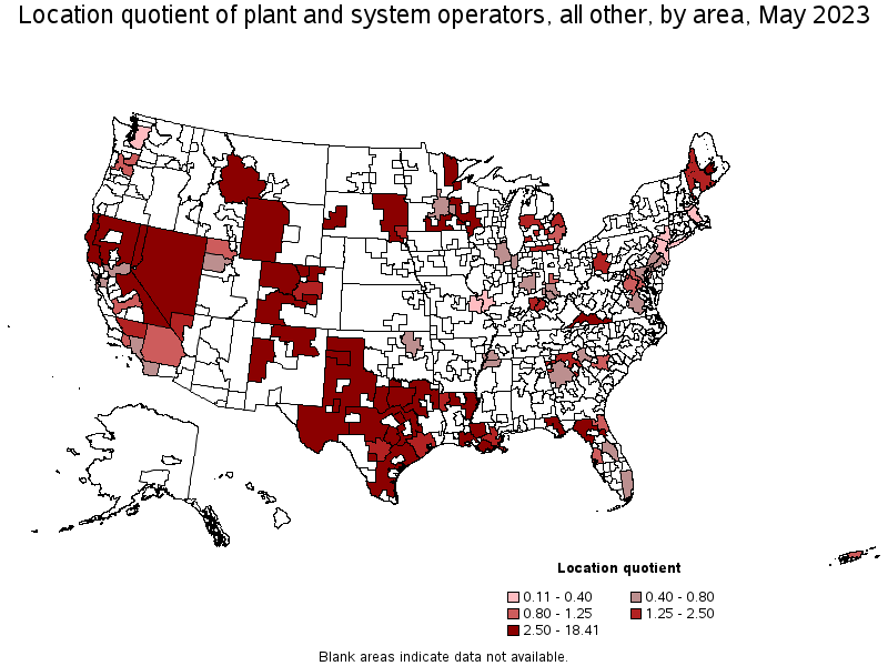 Map of location quotient of plant and system operators, all other by area, May 2023