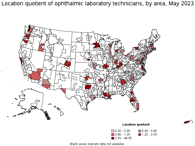 Map of location quotient of ophthalmic laboratory technicians by area, May 2023