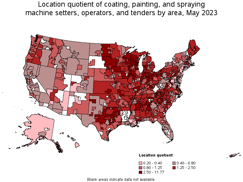 Map of location quotient of coating, painting, and spraying machine setters, operators, and tenders by area, May 2023