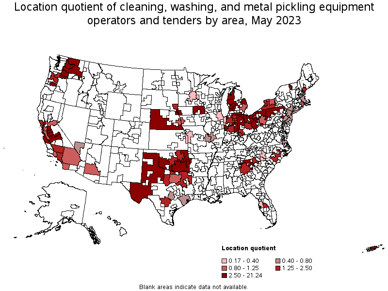 Map of location quotient of cleaning, washing, and metal pickling equipment operators and tenders by area, May 2023