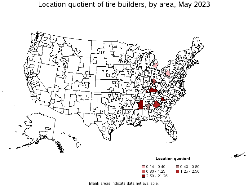 Map of location quotient of tire builders by area, May 2023
