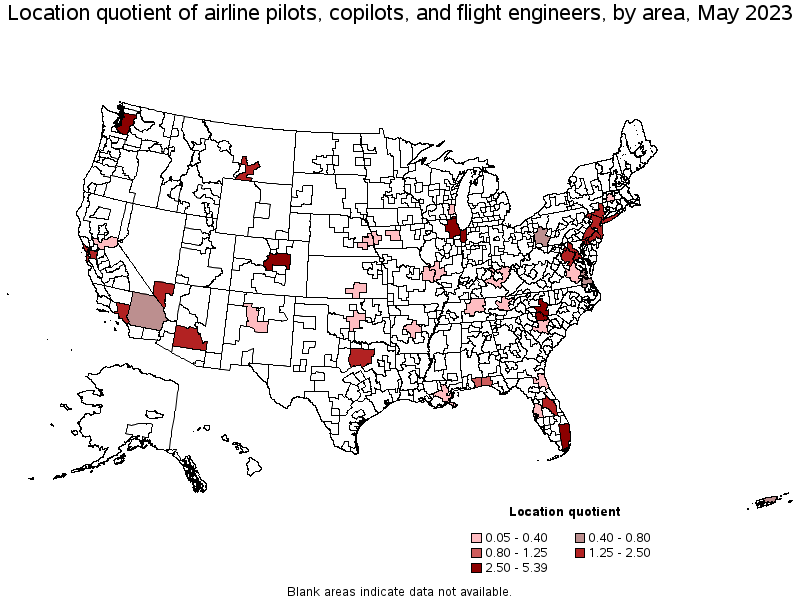 Map of location quotient of airline pilots, copilots, and flight engineers by area, May 2023