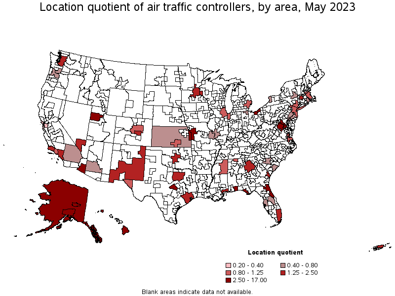 Map of location quotient of air traffic controllers by area, May 2023