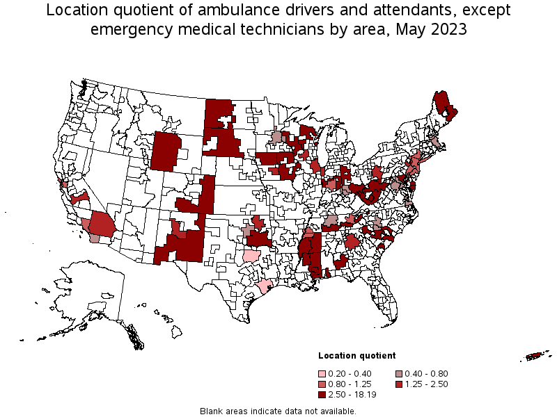Map of location quotient of ambulance drivers and attendants, except emergency medical technicians by area, May 2023