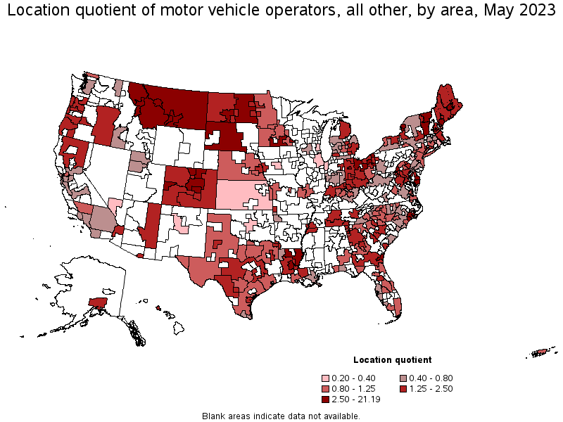 Map of location quotient of motor vehicle operators, all other by area, May 2023