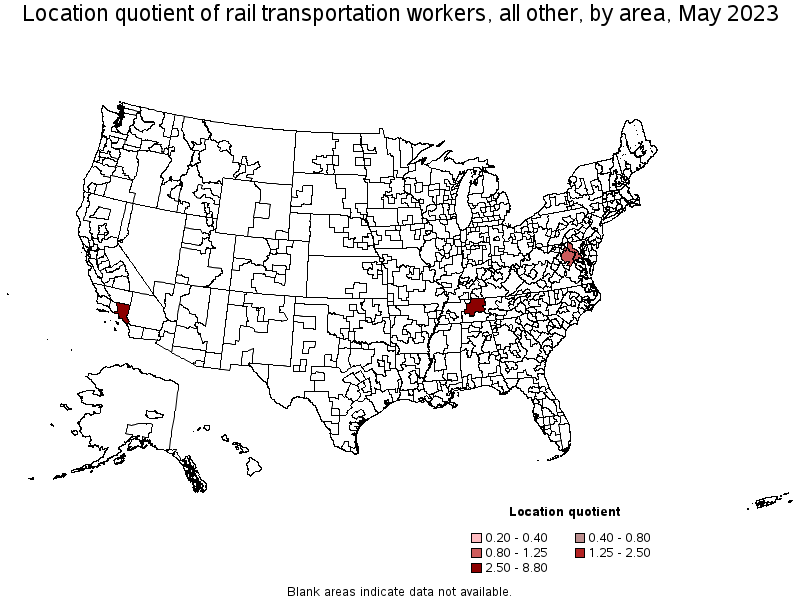 Map of location quotient of rail transportation workers, all other by area, May 2023