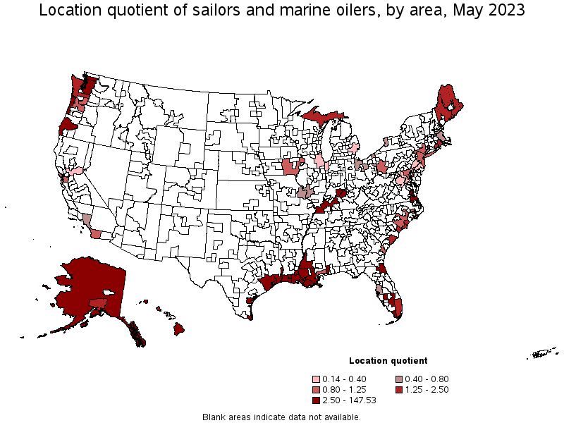 Map of location quotient of sailors and marine oilers by area, May 2023