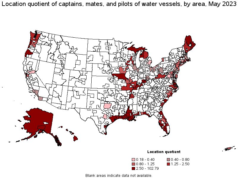 Map of location quotient of captains, mates, and pilots of water vessels by area, May 2023
