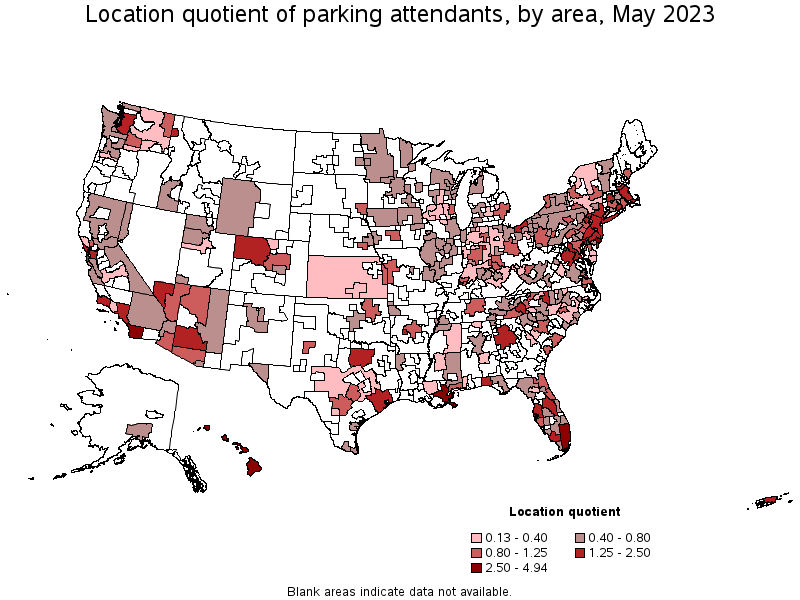 Map of location quotient of parking attendants by area, May 2023